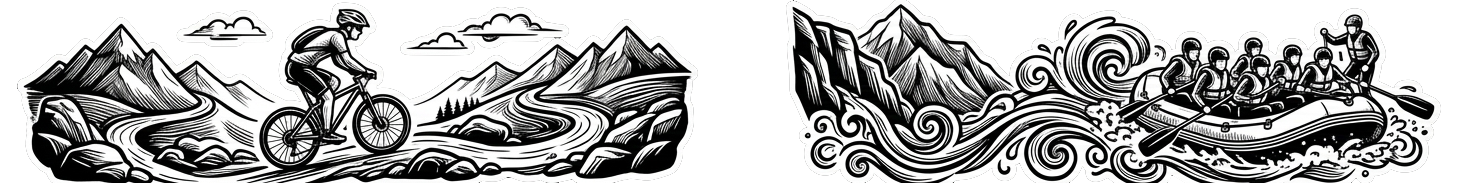 Sticker-style icon of a mountain biker riding through a rugged Andean mountain trail, white silhouette on a black background for Inca Jungle adventure.