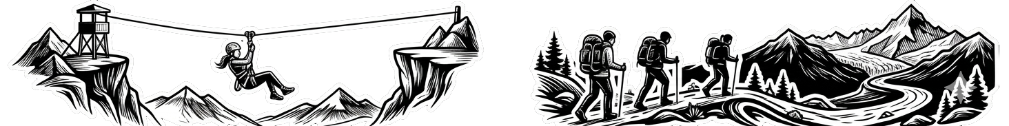 Action icon showing a person ziplining between mountain cliffs, minimalist white outline on black background, representing the Inca Jungle canopy tour.